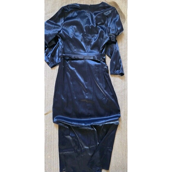 NWOT Women's L Long Formal Wrap Cinched Waist Navy Blue Event Dress - Picture 9 of 9